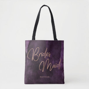 Purple Watercolor Rose Gold Bridesmaid Monogram Tote Bag