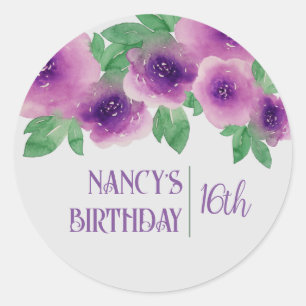 Purple Watercolor Roses 16th Birthday Classic Round Sticker