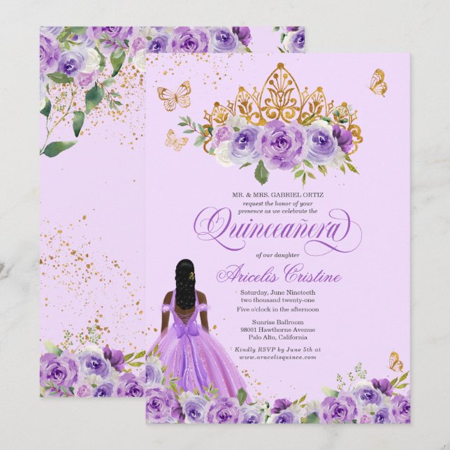 Purple Watercolor Roses Butterflies Quinceañera  Invitation (Front/Back)