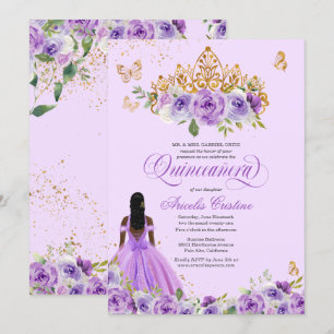Purple Watercolor Roses Butterflies Quinceañera  Invitation