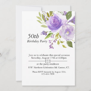 Purple Watercolor Roses,Customisable 50th Birthday Invitation