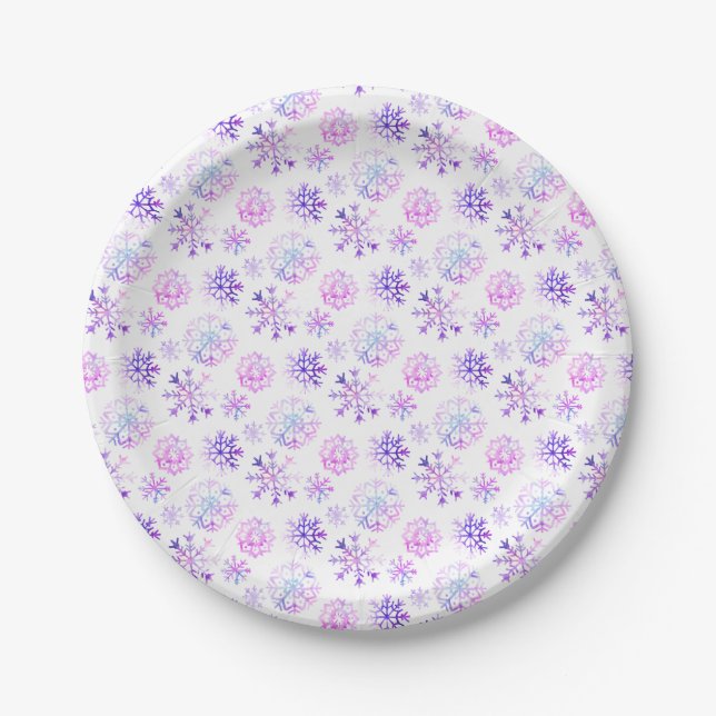 Purple Watercolor Snowflake Christmas Design Paper Plate (Front)