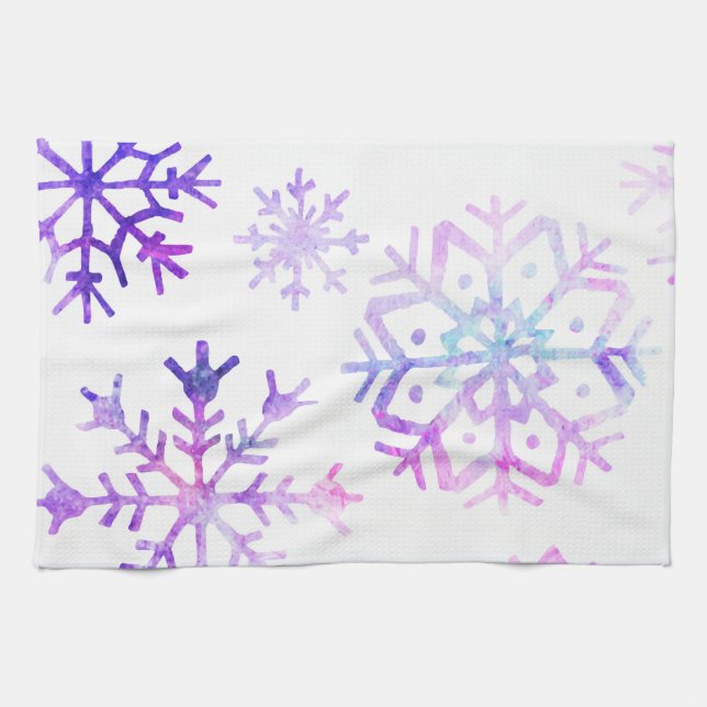 Purple Watercolor Snowflake Christmas Design Tea Towel (Horizontal)