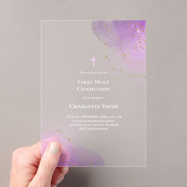 purple watercolor splash First Holy Communion Acrylic Invitations (Insitu (Handheld))