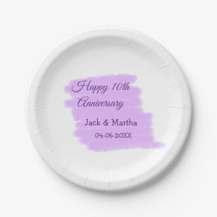 Purple watercolor splash modern 10th anniversary paper plate