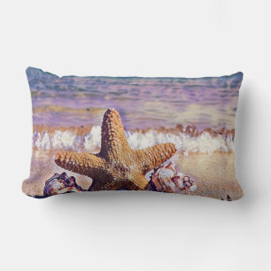 Purple Watercolor Starfish Seashells Painting Lumbar Cushion