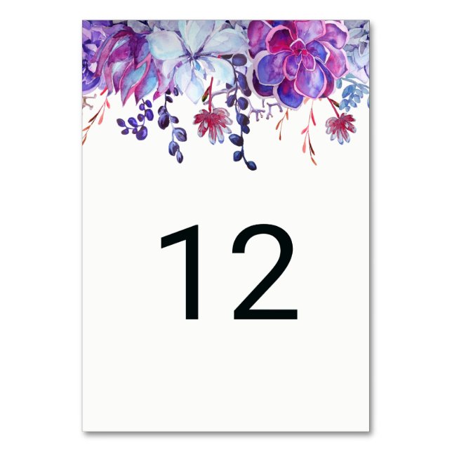 Purple Watercolor Succulents Table Number Cards (Front)