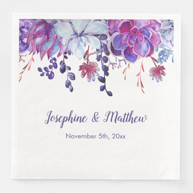 Purple Watercolor Succulents Wedding Napkins (Front)