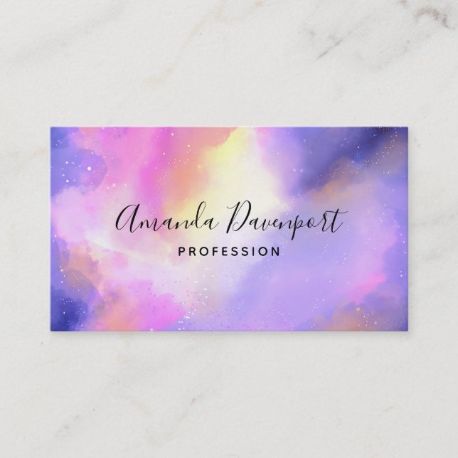 Purple Watercolor Swirls Outer Space Style Business Card (Front)