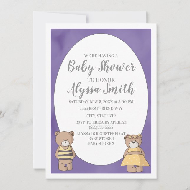 Purple Watercolor Teddy Bears Baby Shower Invitation (Front)
