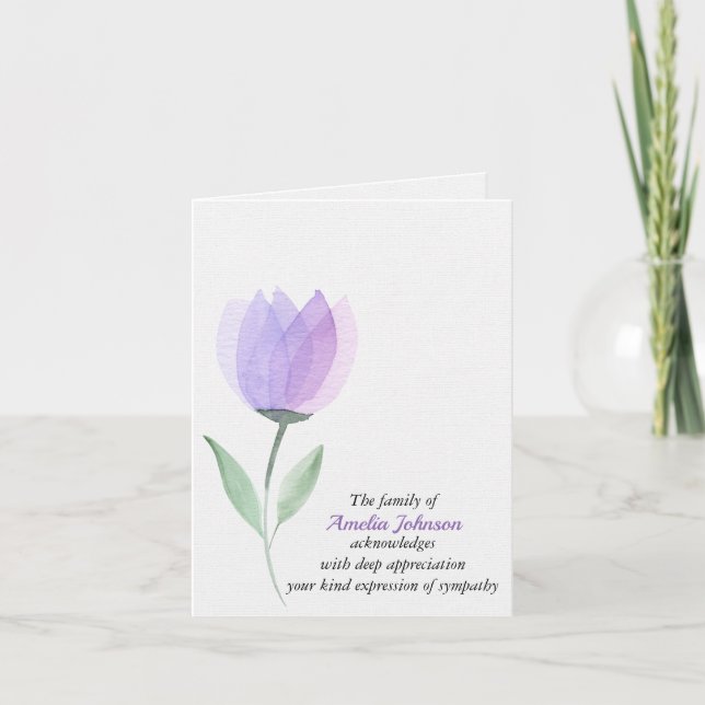 Purple Watercolor Tulip Sympathy Thank You  Card (Front)
