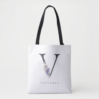 Purple Watercolor V Monogram Floral Tote Bag