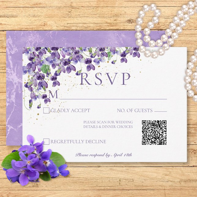 Purple Watercolor Violets Wedding QR Code RSVP Card (Purple Watercolor Violets Wedding QR Code RSVP Card)