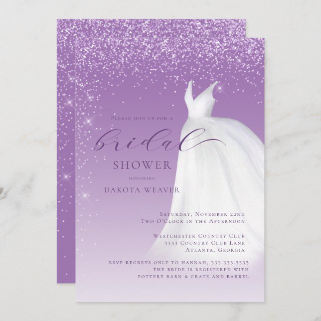 Purple Watercolor Wedding Dress Bridal Shower Invitation (Front/Back)