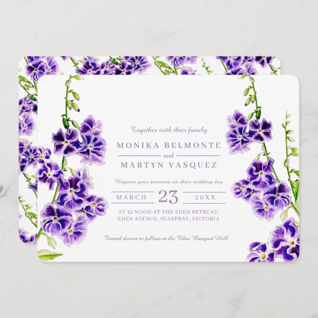 Purple watercolor wedding invitations (Front/Back)