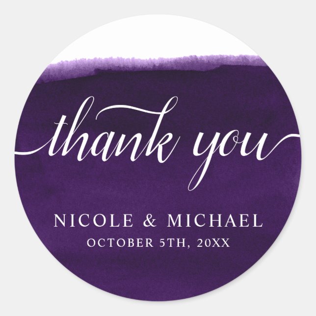 Purple Watercolor Wedding Thank You Classic Round Sticker (Front)