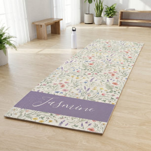 Purple Watercolor Wildflower Boho Custom Name Yoga Mat