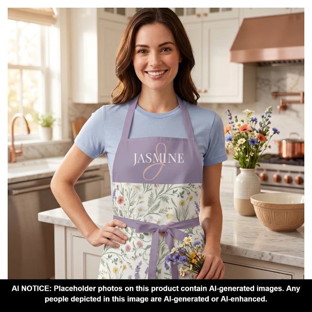 Purple Watercolor Wildflower Boho Monogram Name Apron (Creator Uploaded)