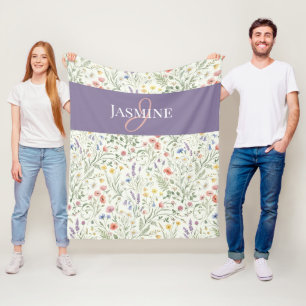 Purple Watercolor Wildflower Boho Monogram Name Fleece Blanket