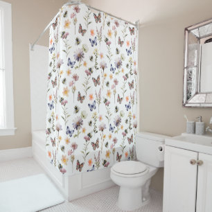 Purple Watercolor Wildflower Butterfly & Bee Shower Curtain