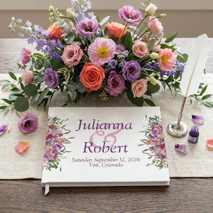 Purple watercolor wildflowers wedding guest book