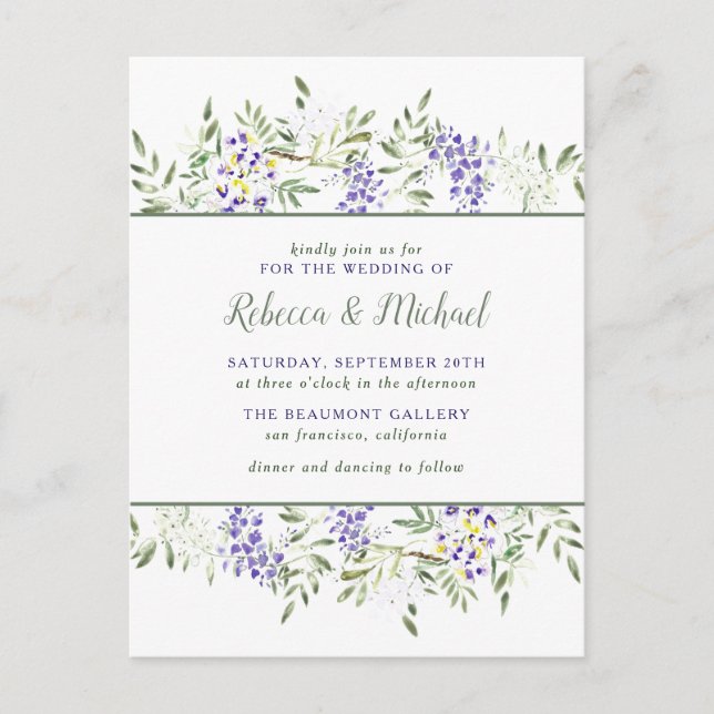 Purple Watercolor Wisteria Floral Wedding Invitation Postcard (Front)