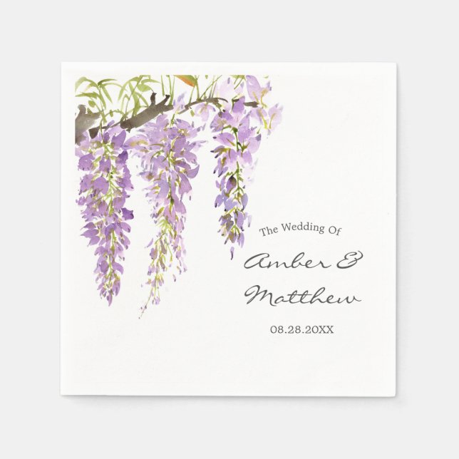 Purple Watercolor Wisteria Wedding Napkins (Front)