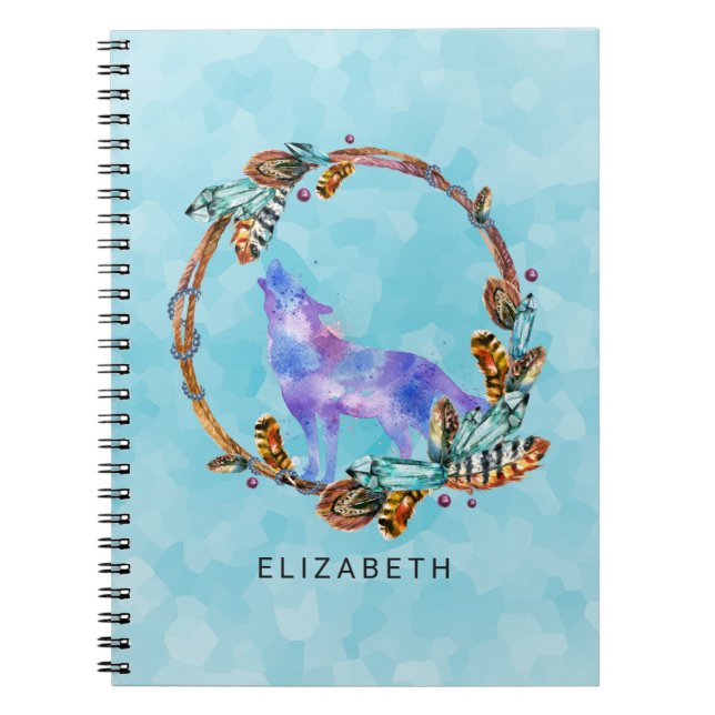 Purple Watercolor Wolf with a Boho Wreath Custom Notebook (Front)
