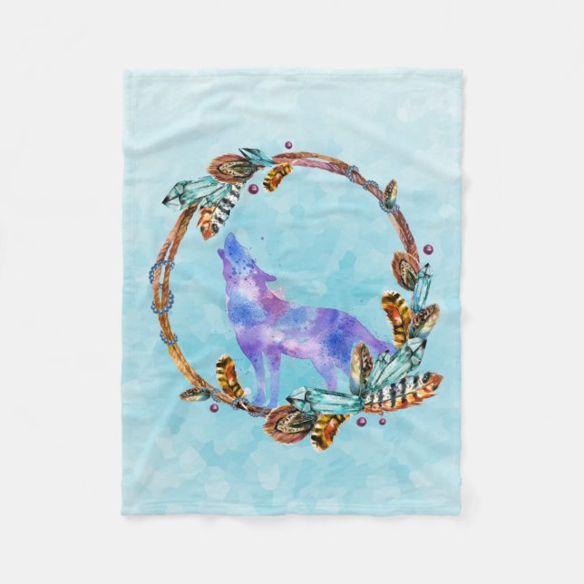 Purple Watercolor Wolf with a Boho Wreath Fleece Blanket (Front)
