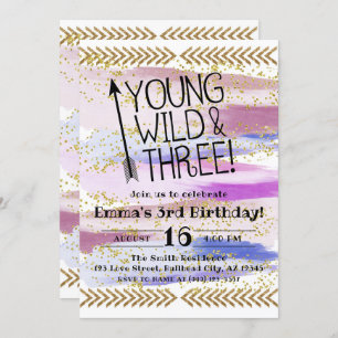 Purple Watercolor Young Wild & Three 3rd Birthday Invitation