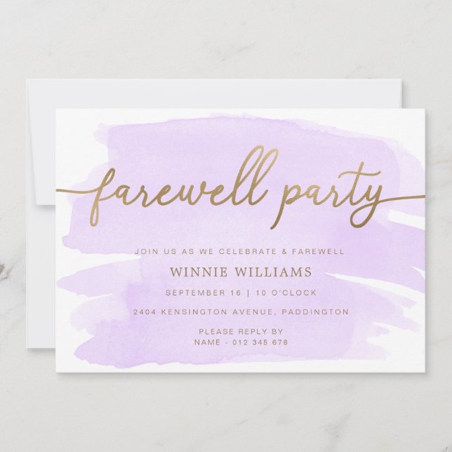 Purple Watercolour Gold Farewell Party Invitation (Front)