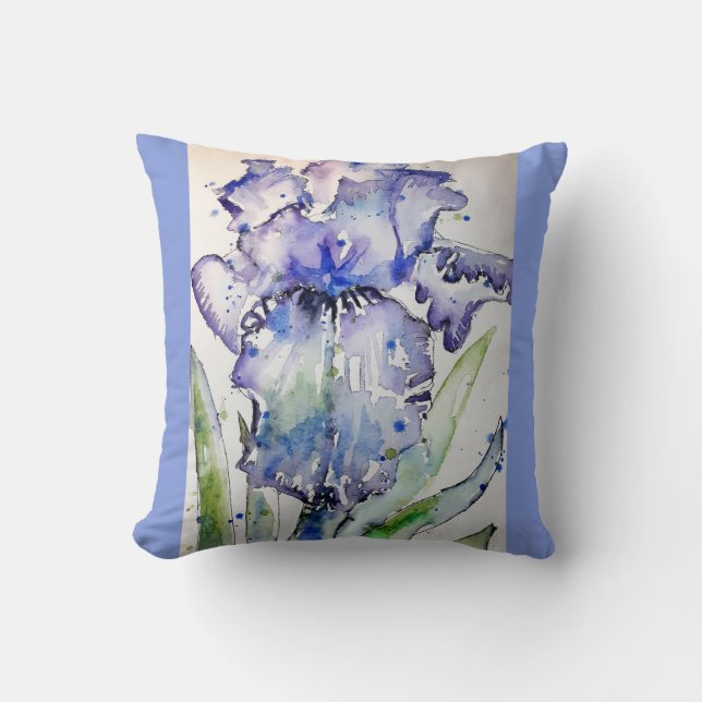 Purple Watercolour Iris Irises Floral Art Cushion (Front)