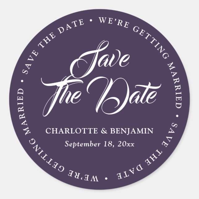Purple We Are Getting Married Save The Date Classic Round Sticker (Front)