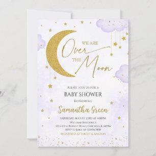 Purple We are Over the Moon Baby Shower Invitation