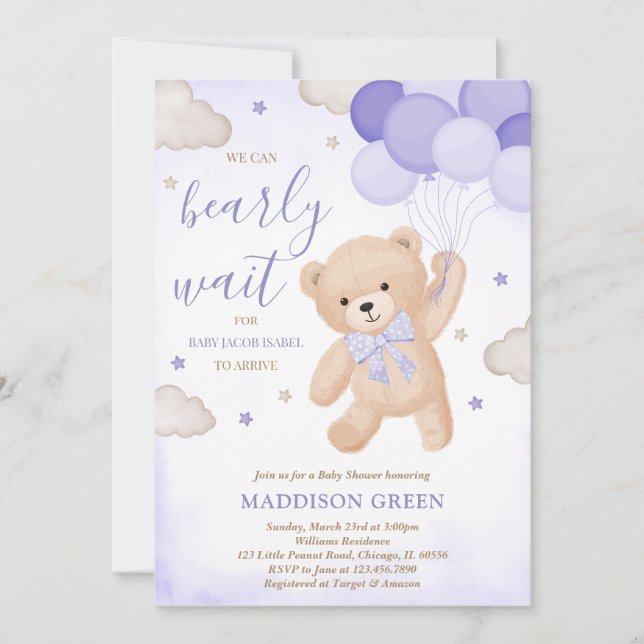 Purple We Can Bearly Wait Baby Shower Invitation (Front)