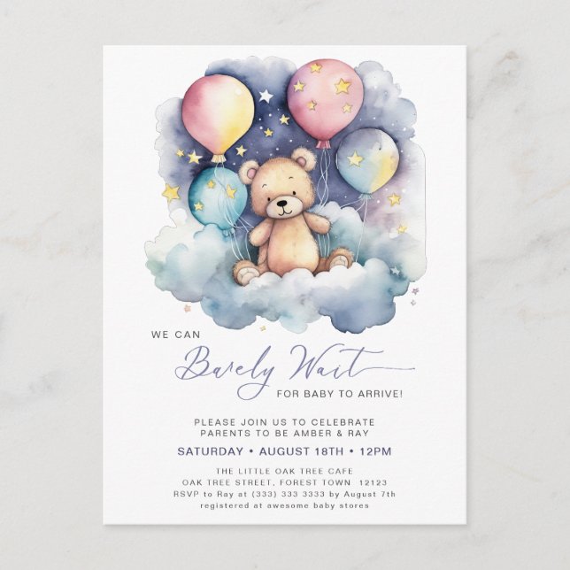 Purple We Can Bearly Wait Cute Baby Shower Invitation Postcard (Front)