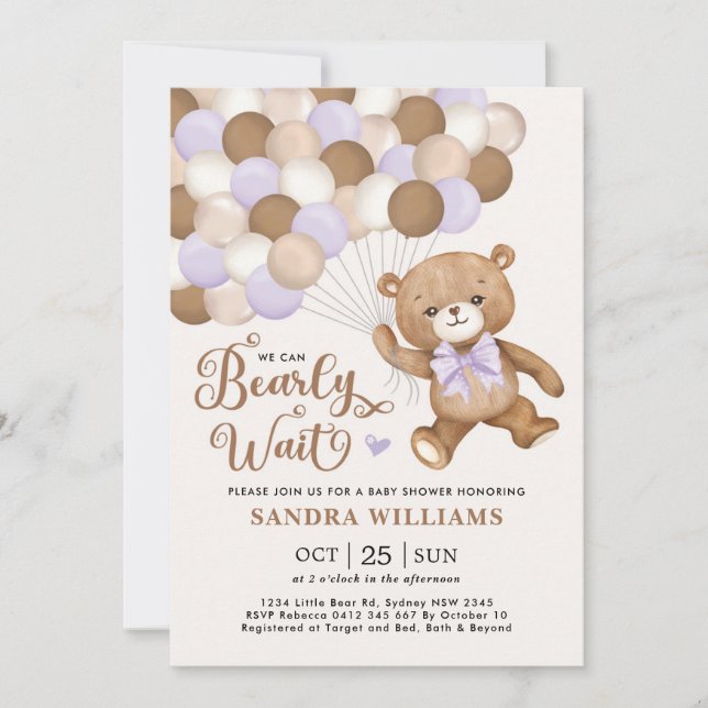 Purple We Can Bearly Wait Teddy Bear Baby Shower Invitation (Front)