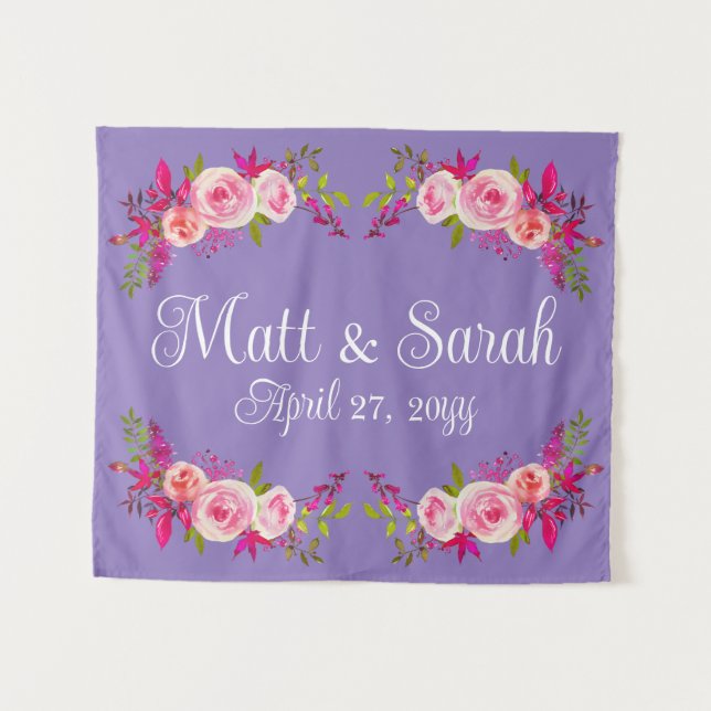 Purple Wedding Backdrop Reception Photo Booth Prop Tapestry (Front (Horizontal))