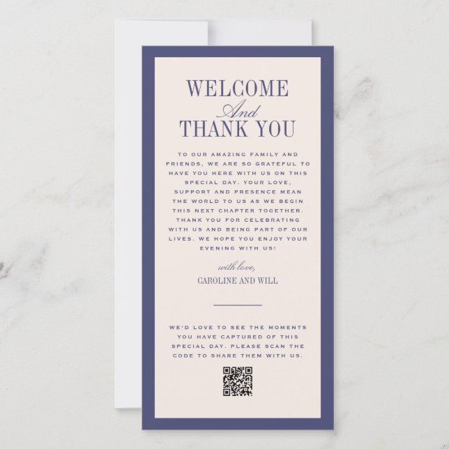 Purple Wedding Ceremony or Reception Welcome Thank You Card (Front)