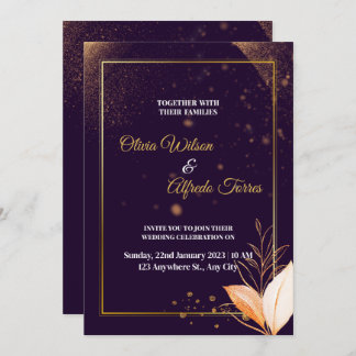 purple wedding invitation with gold colours