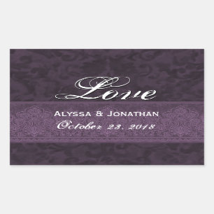 Purple Wedding Love Damask and Ribbon Rectangular Sticker