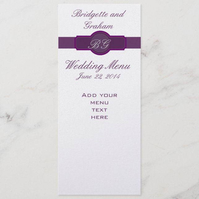 Purple Wedding Menu Cards on Silver Paper (Front)