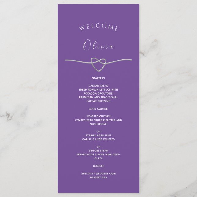 Purple Wedding Menu with Name & Silver Heart (Front)