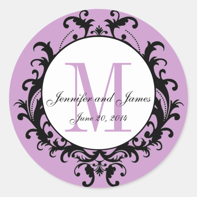 Purple Wedding Monogram Names Date Sticker (Front)