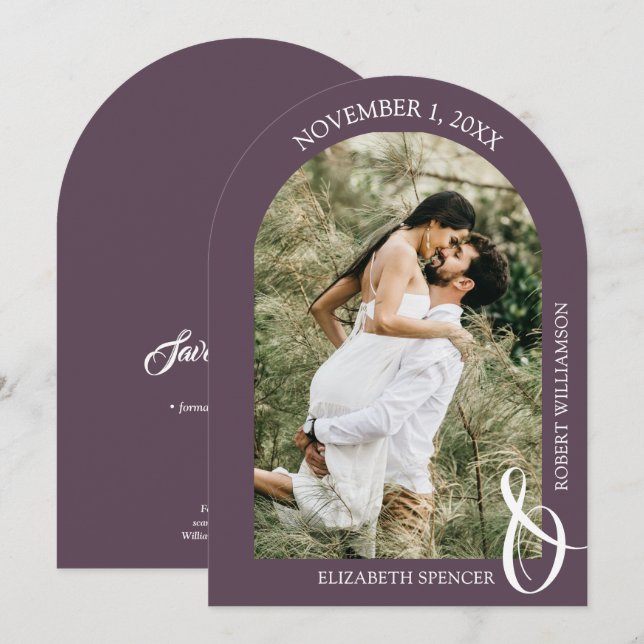 Purple Wedding Photo QR Code Save the Date (Front/Back)