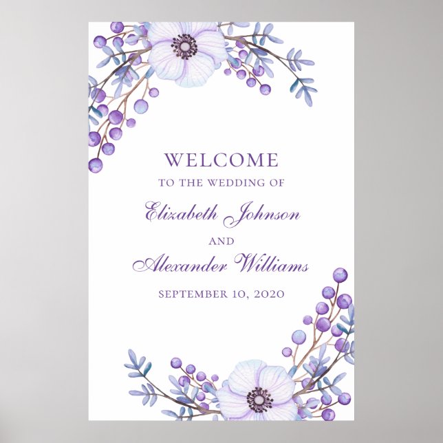 Purple wedding print. Violet flowers welcome sign (Front)