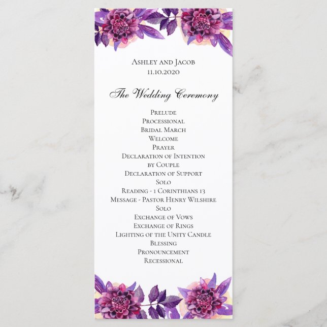 Purple wedding program. Watercolor flower ceremony Program (Front)