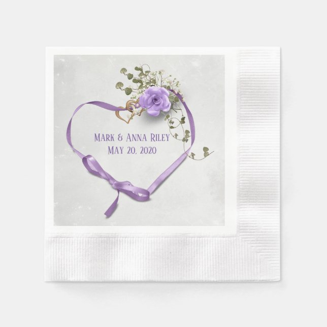 purple wedding ribbon heart with rings and rose napkin (Front)