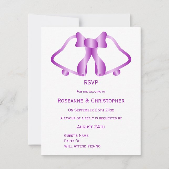 Purple Wedding RSVP Card Bells And Ribbon (Front)