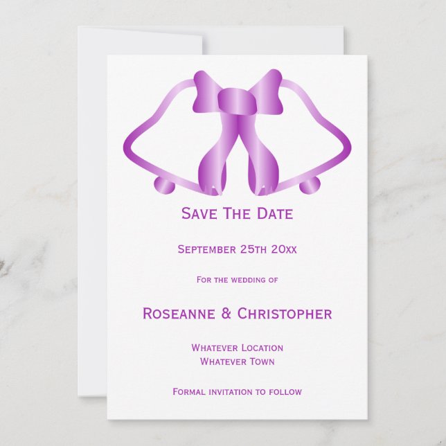 Purple Wedding Save The Date Card Bells And Ribbon (Front)